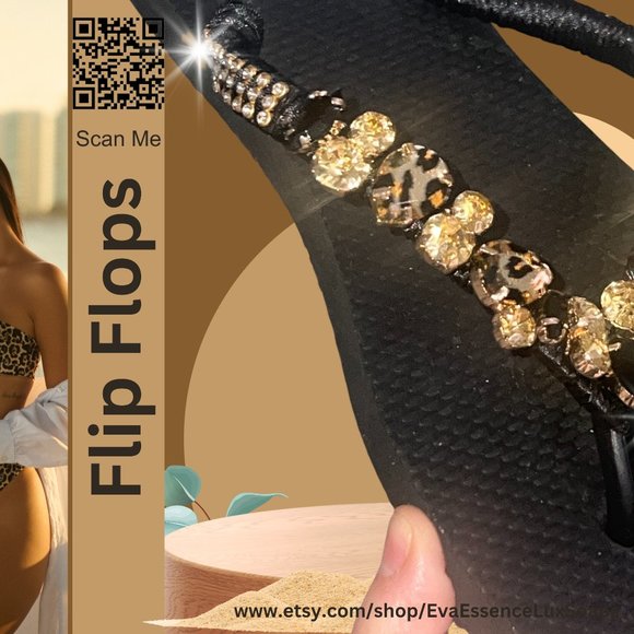 Flip Flops, Leopard, Cheetah Print, Beach Flip Flops, Rhinestones, Shoes, Sandal - Picture 10 of 15